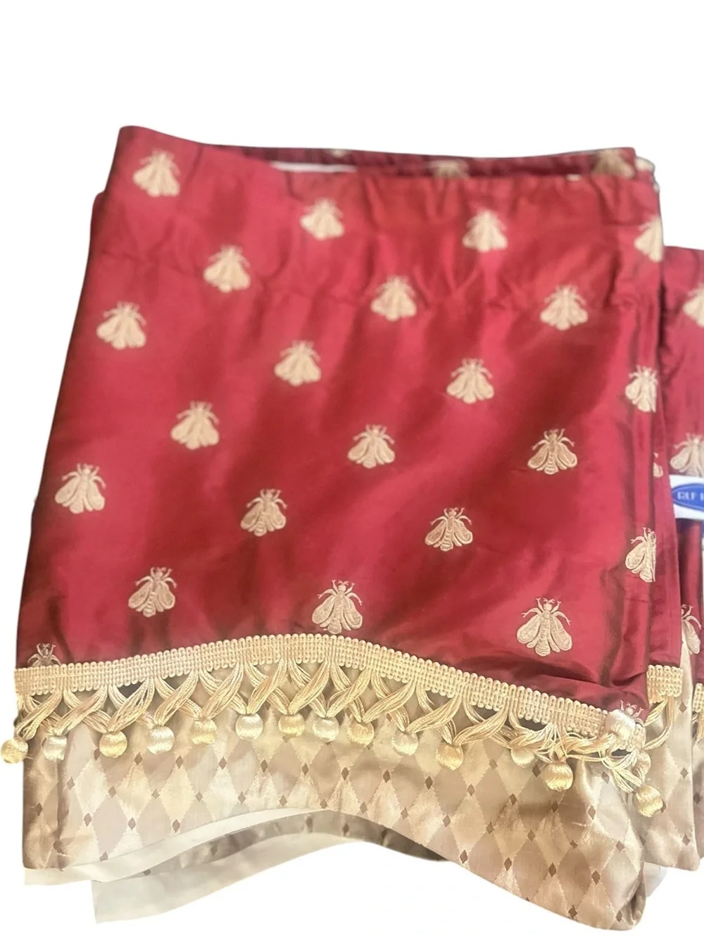 Pair Pure Silk Empire Valances Embroidered Gold Bees Scalloped Fringe
